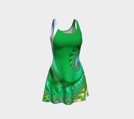 Fractal Green Spring Flare Dress