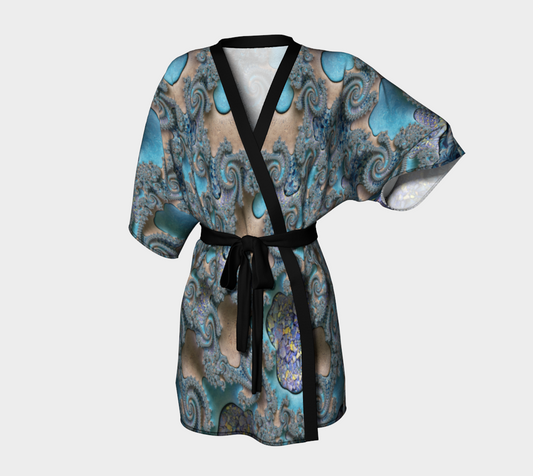 Blue Tan Sand Silk Kimono Robe with bamboo fabric trim and belt by frACTalACTions