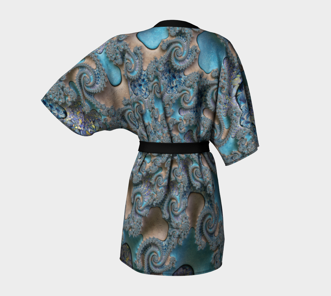 Blue Tan Sand Silk Kimono Robe with bamboo fabric trim and belt by frACTalACTions
