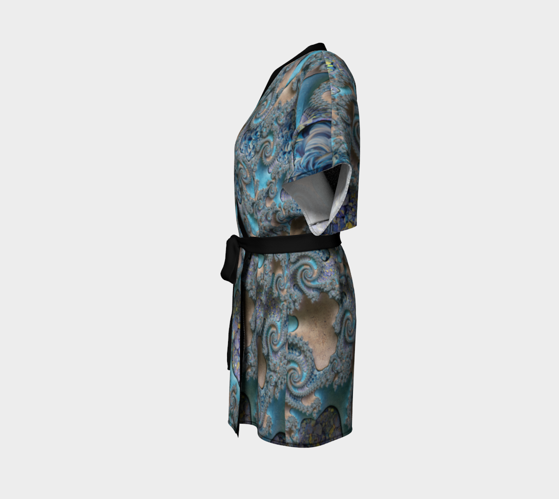 Blue Tan Sand Silk Kimono Robe with bamboo fabric trim and belt by frACTalACTions
