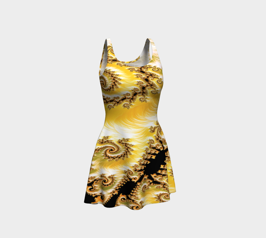Yellow Satin Fractal Flare Dress