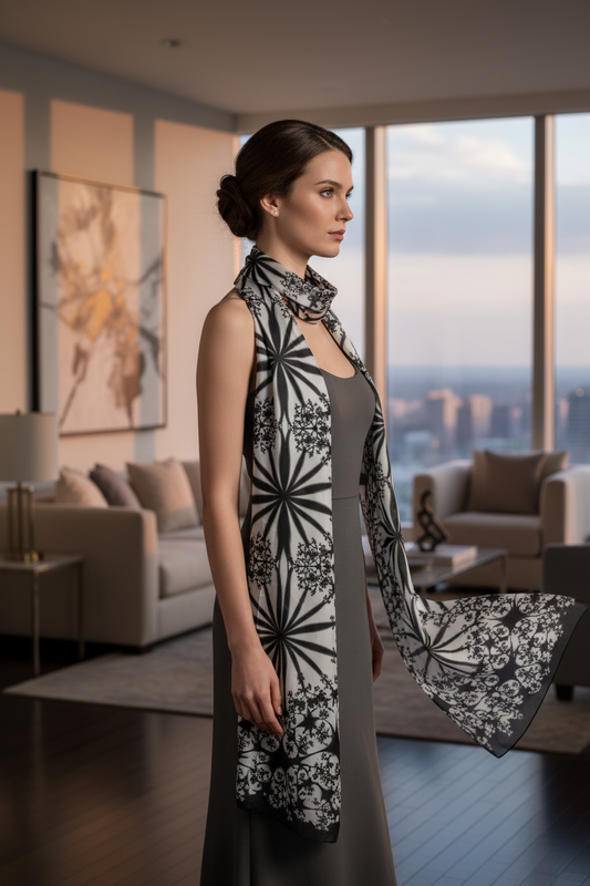 Black on White Silk Scarf