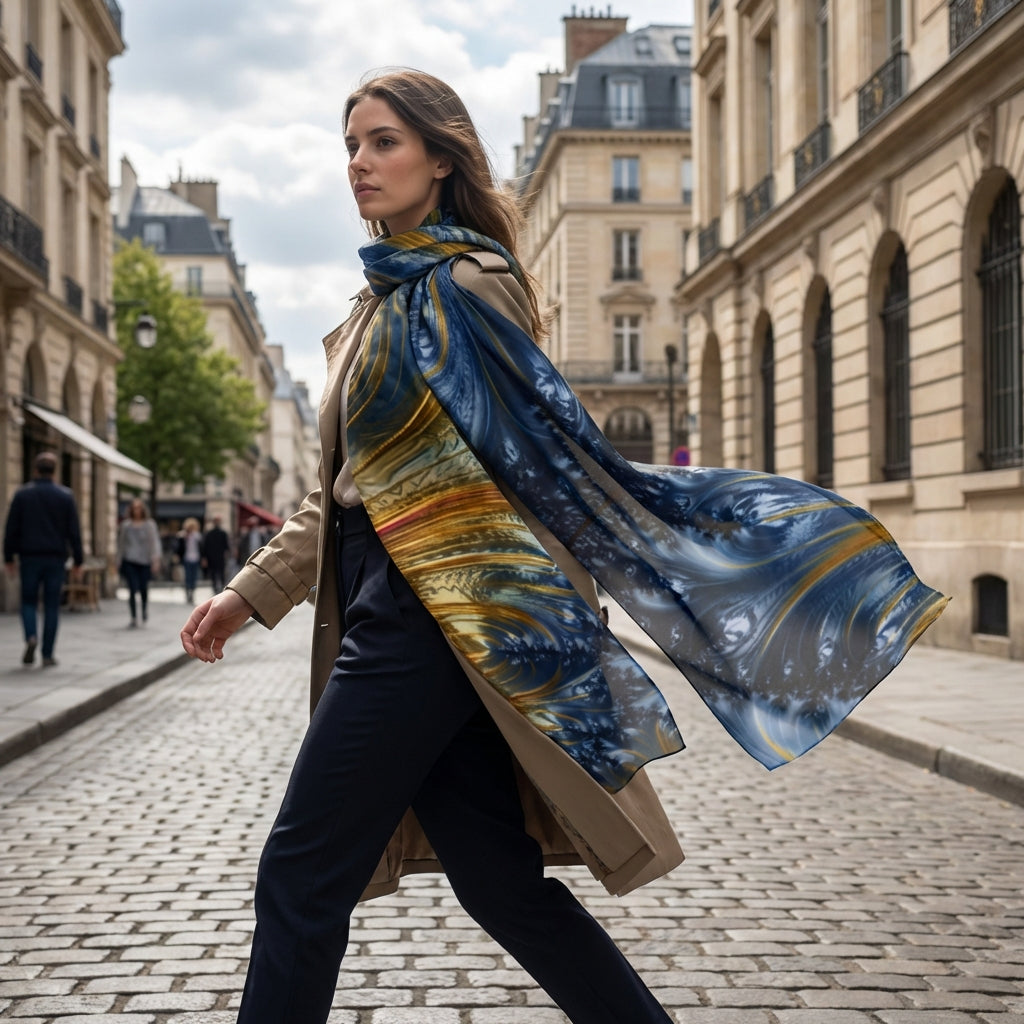 Model walking in city street with Blue Gold Silk Scarf flowing in the breeze under natural outdoor lighting.
