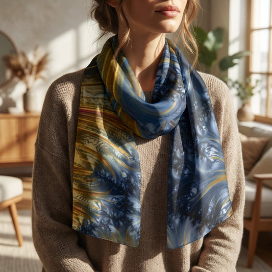 Close-up of Blue Gold Silk Scarf draped around a model's neck indoors, highlighting the fabric's lustre and intricate print.