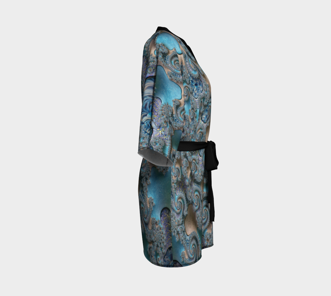 Blue Tan Sand Silk Kimono Robe with bamboo fabric trim and belt by frACTalACTions