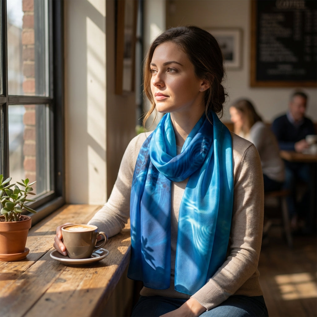 Model seated in a sunny cafe corner wearing the electric blue silk scarf loosely around her neck, emphasizing its texture and sheen.