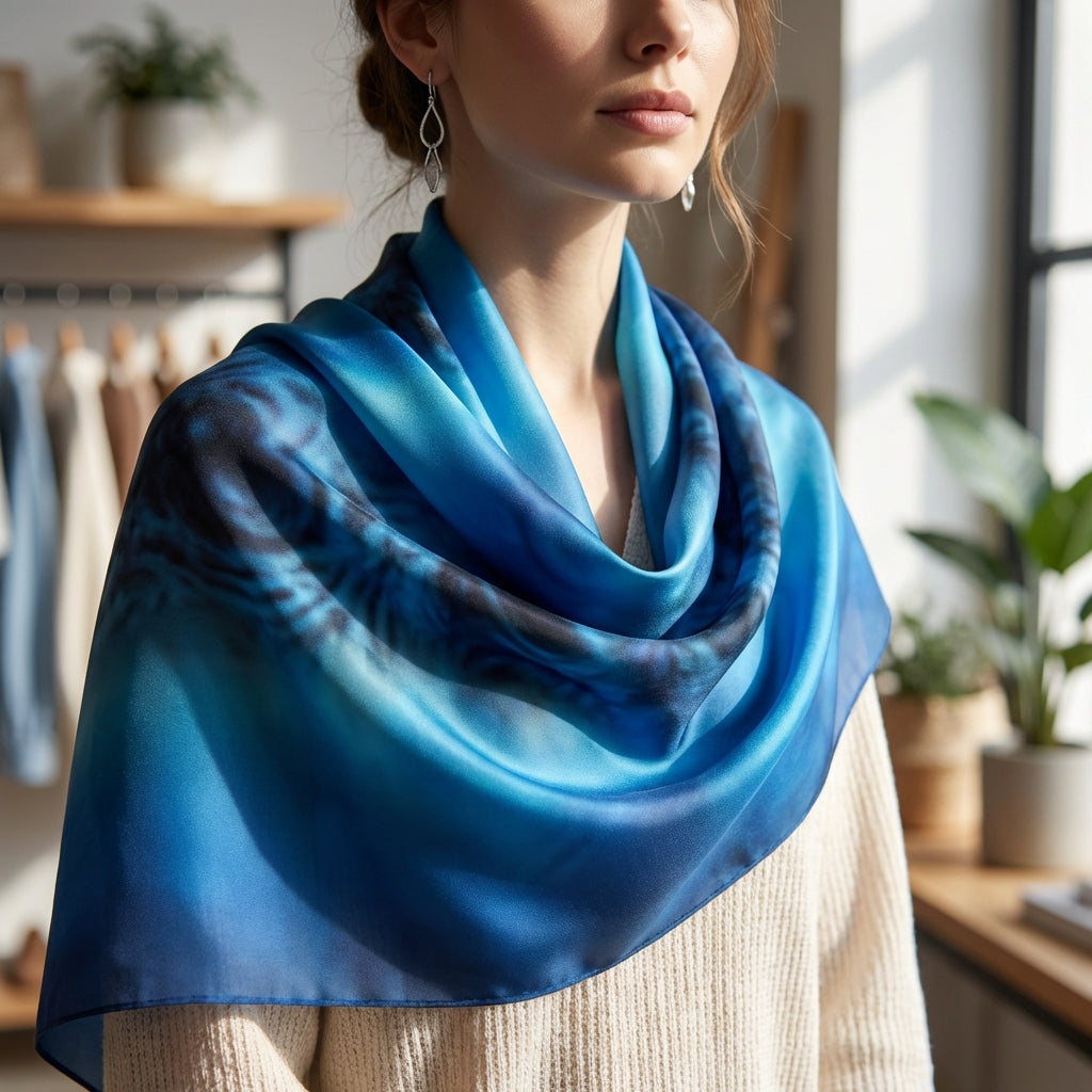 Close-up of the elegant electric blue silk scarf draped on a fashion woman's shoulders showcasing texture and subtle sheen in a chic boutique setting.