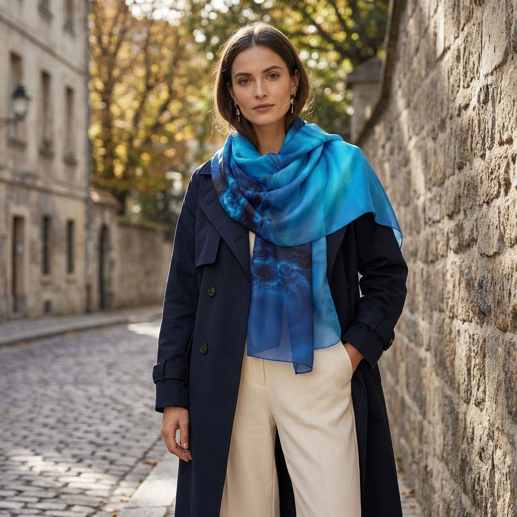 Full-body of woman wearing the electric blue silk scarf in an outdoor urban scene with natural sunlight highlighting the flowing fabric.