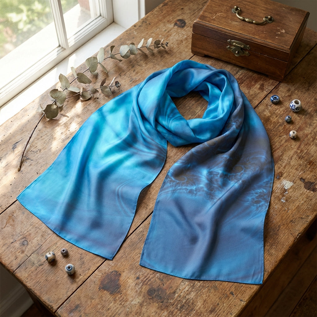 Artistic flat lay of the vibrant electric blue silk scarf on a wooden table, accentuated by natural lighting and styled with vintage and botanical accents.