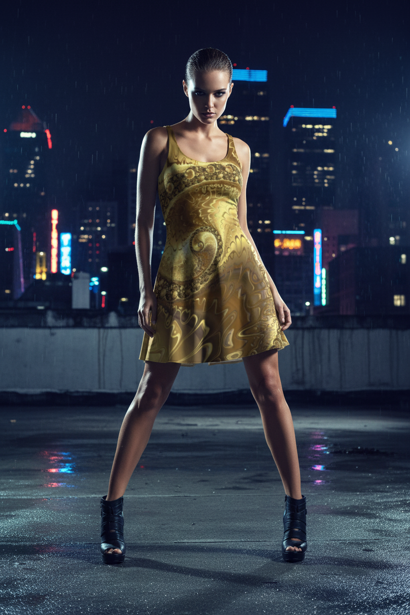 Fractal Gold Spring Flare Dress