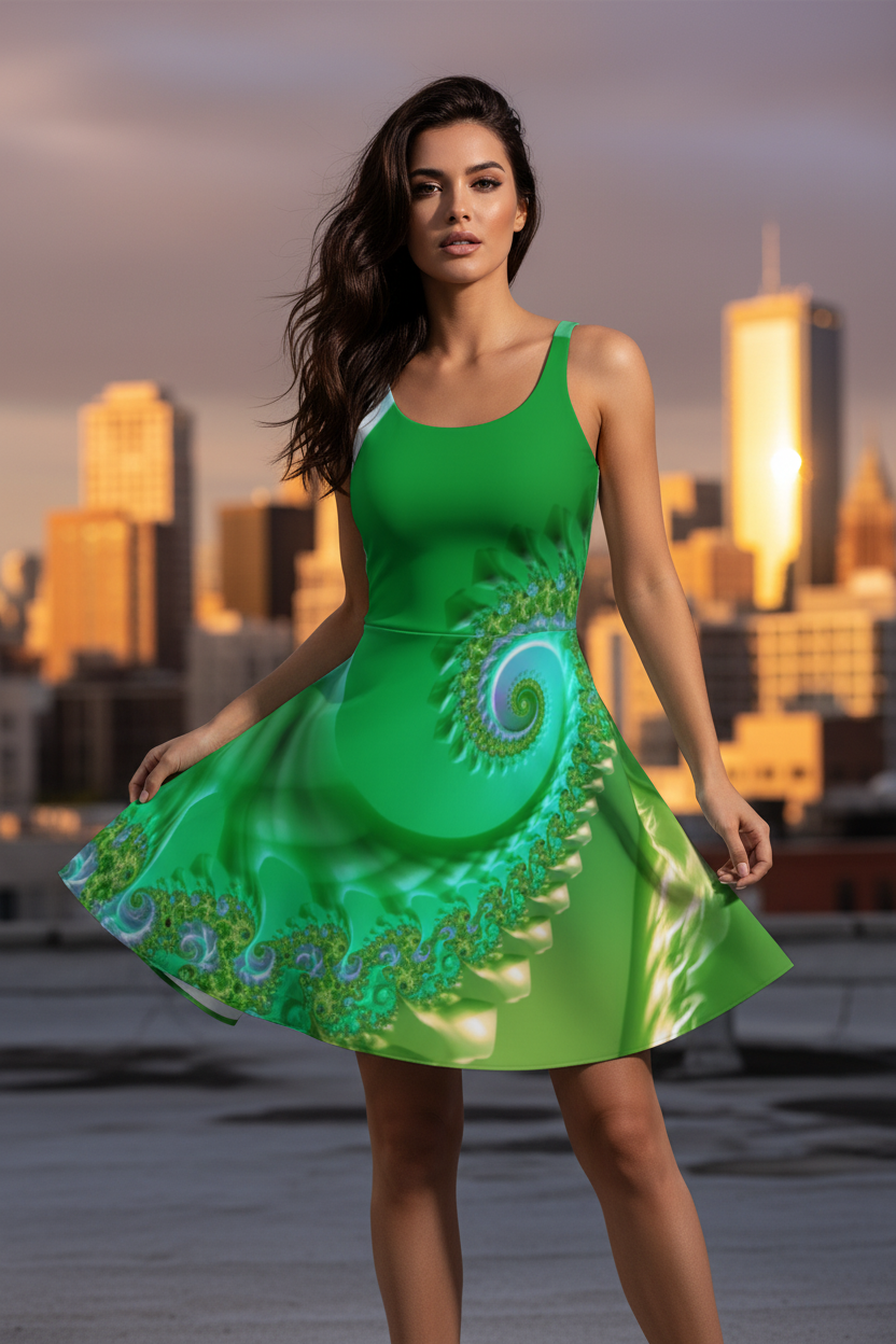 Fractal Green Spring Flare Dress