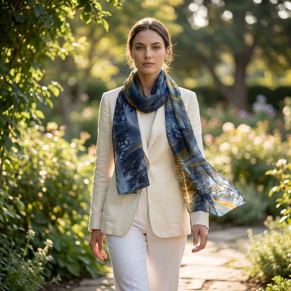 Model wearing Blue Gold Silk Scarf styled casually outdoors with greenery, showing the scarf's fluidity and vibrant print.