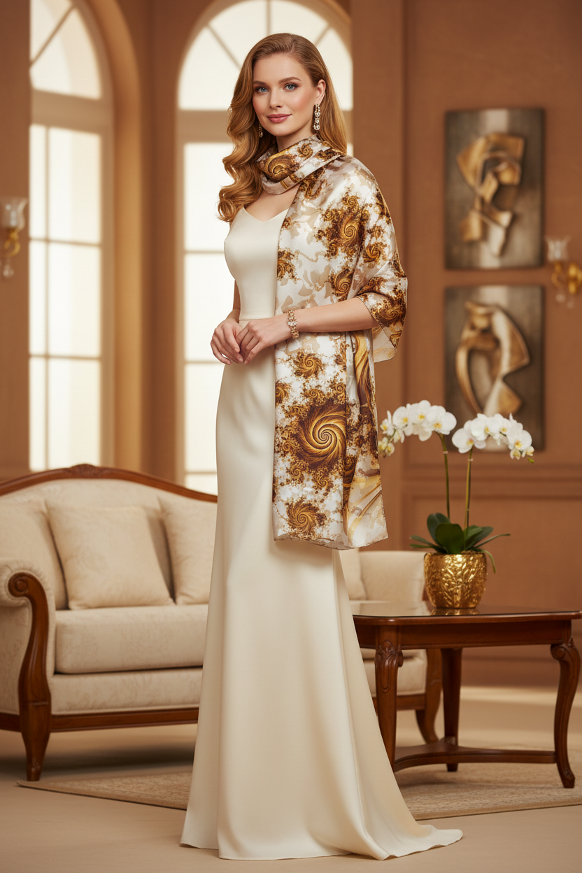 Gold on White Silk Scarf