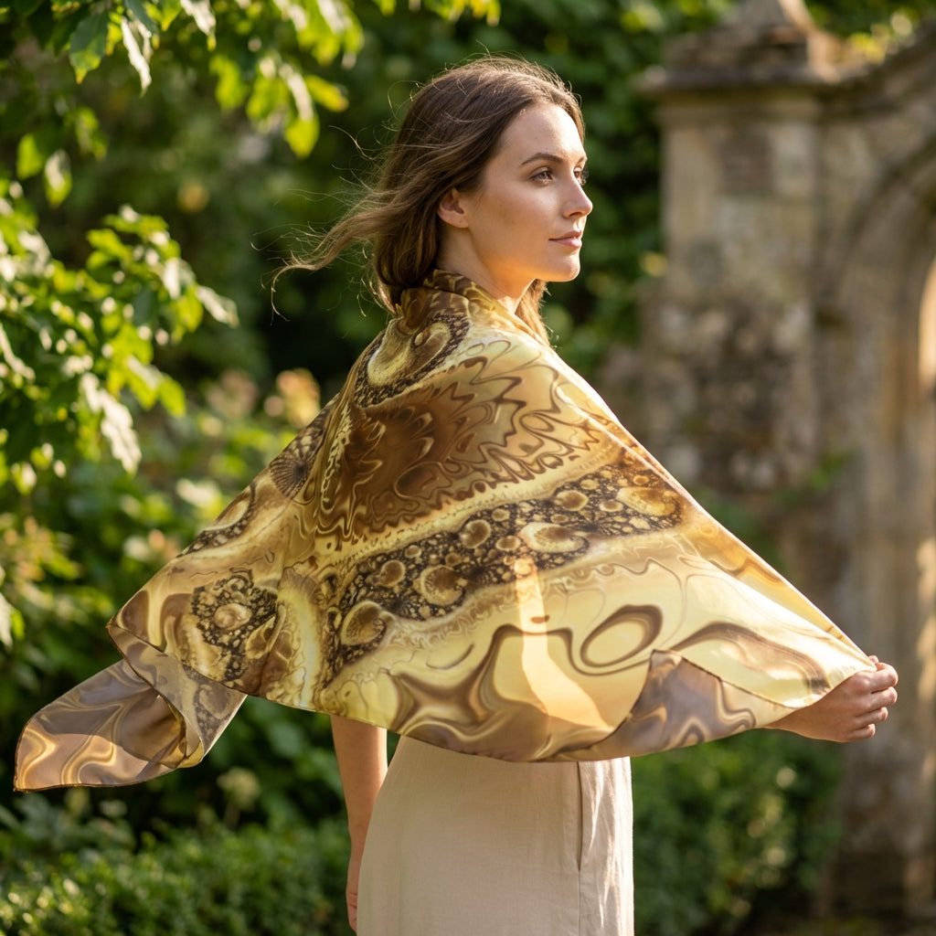 Side view of the Goldie Silk Habotai 10x45 scarf fluttering outdoors in natural sunlight, emphasizing its lightweight, smooth surface, and delicate print.