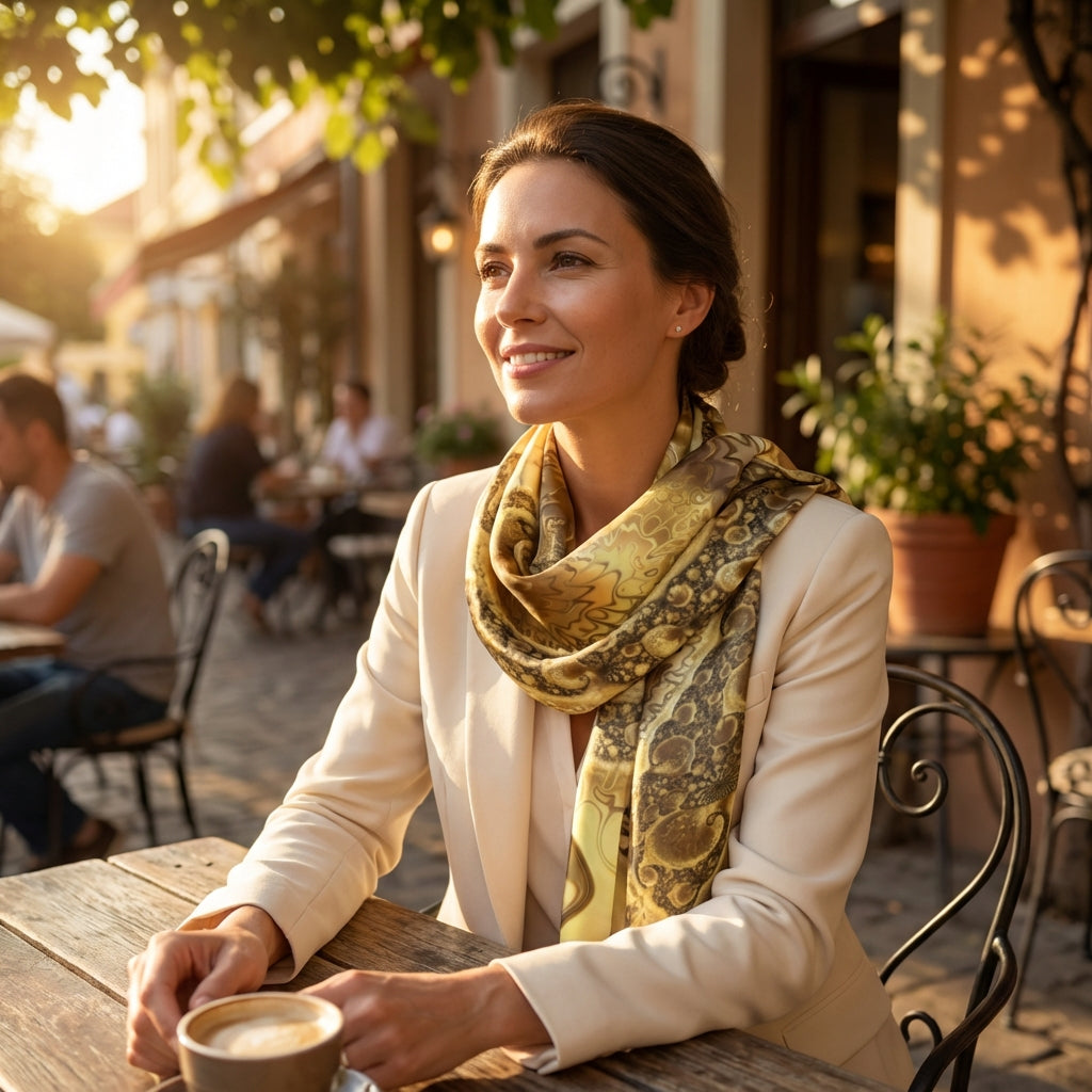 Woman at outdoor café during golden hour wearing the Goldie Satin Charmeuse 16x72 scarf, highlighting its luxurious texture and vibrant print.