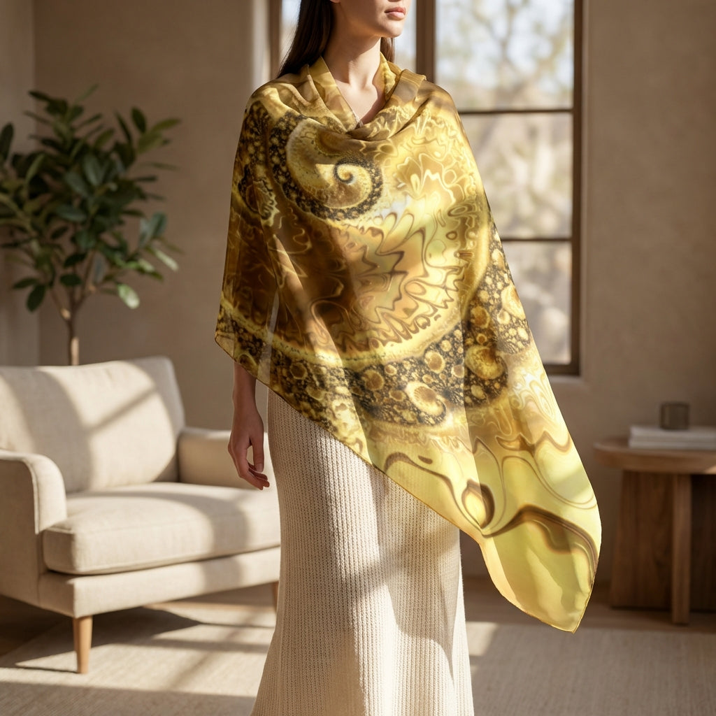 Model wearing the Goldie Silk Charmeuse 16x72 scarf loosely wrapped around shoulders in a sunlit lounge, showcasing its soft texture and elegant drape.