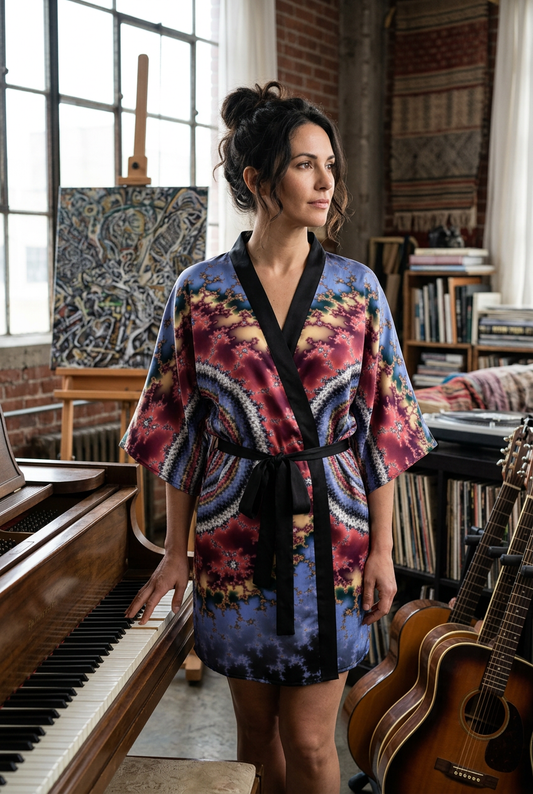 Model wearing the Heritage fractal-print silk robe in an artist's music studio.