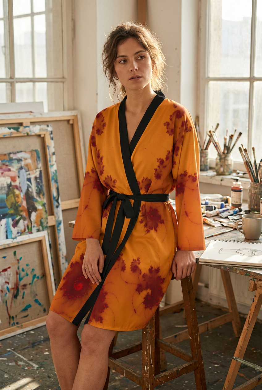Adult model wearing the orange and burgundy Gold Calm robe with black trim and belt in an art studio.