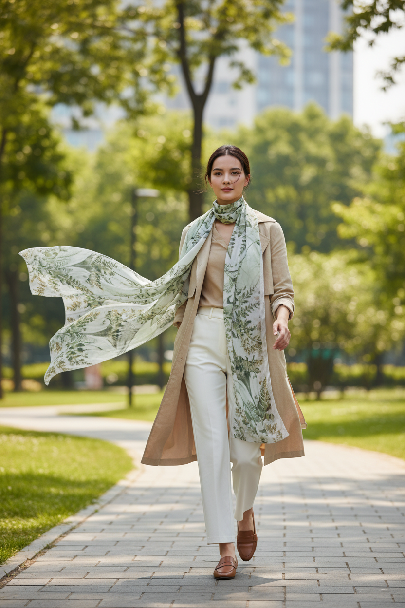 White Green Silk Scarf
